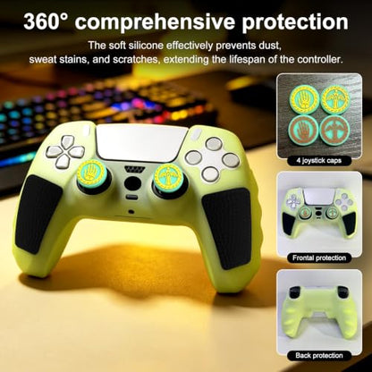 2 Pack Glow in The Dark Green PS5 Controller Skin,Include 4 Pcs Thumb Grips Glow Accessories. (2 Pack Glow Green Black) - color: 2 Pack Glow Green Black