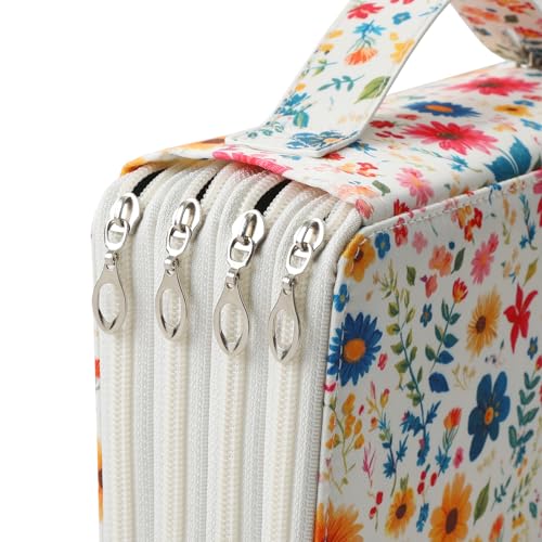 Canvas 200 Slots Pencil Case 4-Layer Zipped Holder w/Handle - color: Apricot Blossoms, size: 200