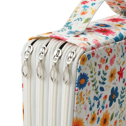 Canvas 200 Slots Pencil Case 4-Layer Zipped Holder w/Handle - color: Apricot Blossoms, size: 200