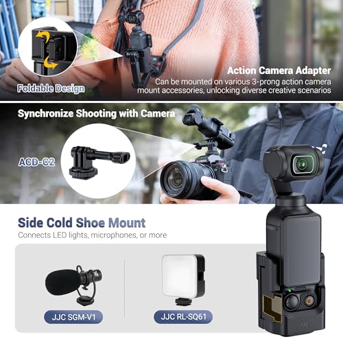 JJC Extension Accessories Adapter for DJI Pocket 3(Mount Plate for DJI Pocket Combo Accessries) — Foldable Action Camera Mount with Cold Shoe, Silicone Pads, Secure Latch Lock