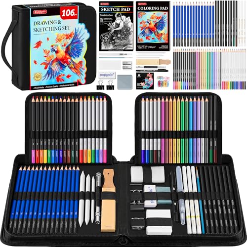 106 Pack Drawing Set Sketching Kit, Pro Art Supplies Sketch Pencils Set - color: Black, size: 106 Pack