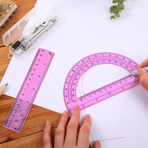 Zonon 3 Pcs 6" Clear Plastic Ruler 6 Inch Protractor Compass Set, Pink - color: Pink, size: 6 Inch