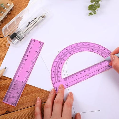 Zonon 3 Pcs 6" Clear Plastic Ruler 6 Inch Protractor Compass Set, Pink - color: Pink, size: 6 Inch