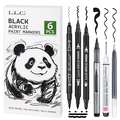 LIULIUCAI 6 Pcs Black Paint Pens,Black Gel Pen, Dual-Tip Acrylic Markers