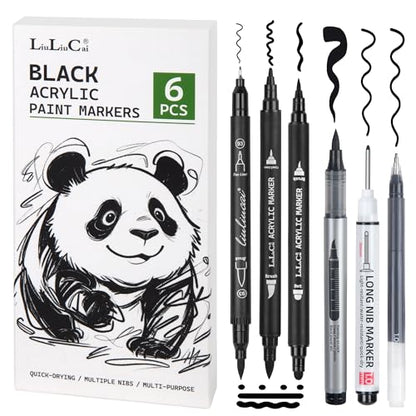 LIULIUCAI 6 Pcs Black Paint Pens,Black Gel Pen, Dual-Tip Acrylic Markers