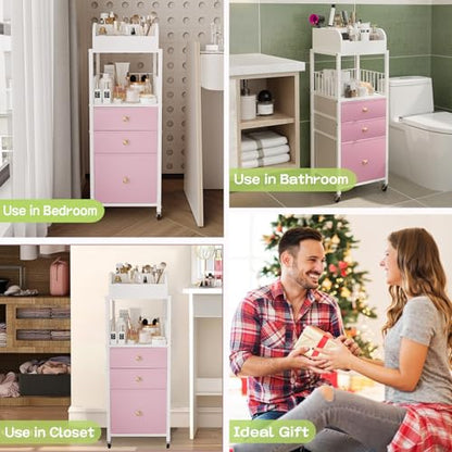 Makeup Organizer Storage Cart with Drawers Rolling Makeup Cart with Wheels - color: Pink