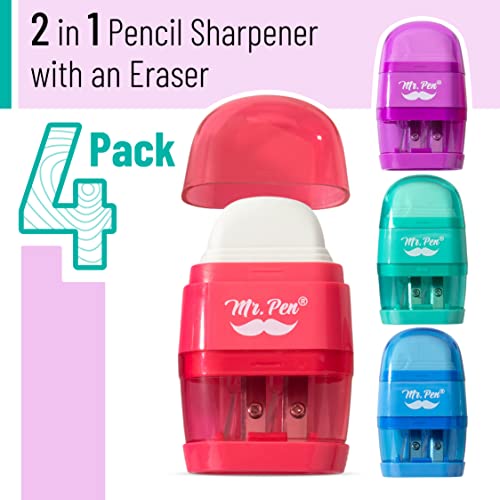 Mr. Pen- Pencil Sharpener & Eraser, 4 Pack - color: Red, Purple, Blue, Green, size: 4 Pack