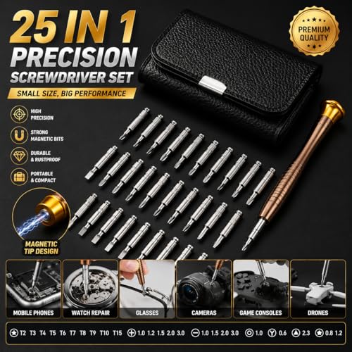 Precision Screwdrivers, 25-1 Repair Kit, Screwdriver Set with Leather Case, Professional Opening Tools for Mobile Laptop Glasses, Star/Y-type/Flat-blade/Triangle Screwdrivers