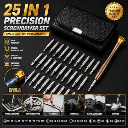 Precision Screwdrivers, 25-1 Repair Kit, Screwdriver Set with Leather Case, Professional Opening Tools for Mobile Laptop Glasses, Star/Y-type/Flat-blade/Triangle Screwdrivers