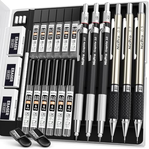 Nicpro 6PCS Art Mechanical Pencil Set, 0.5/0.7/0.9/2mm Point - color: Silver