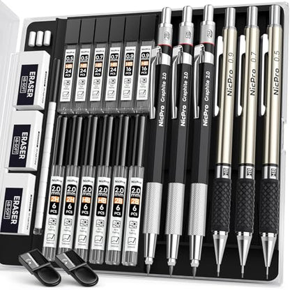Nicpro 6PCS Art Mechanical Pencil Set, 0.5/0.7/0.9/2mm Point - color: Silver