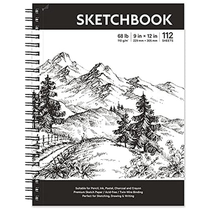Coboll Sketch Book - Hardcover Sketch Pad, 9" x 12", 112-Sheet, 68 lb/110 GSM, Durable Sketchbook Use with Pens, Pencils, Sketching Stick and More, for Professional Kids, Teens, Adults