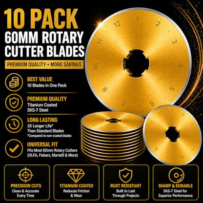 60mm Rotary Cutter Blades 10 Pack Titanium Coated SKS-7 Steel - color: 60MM-10PCS