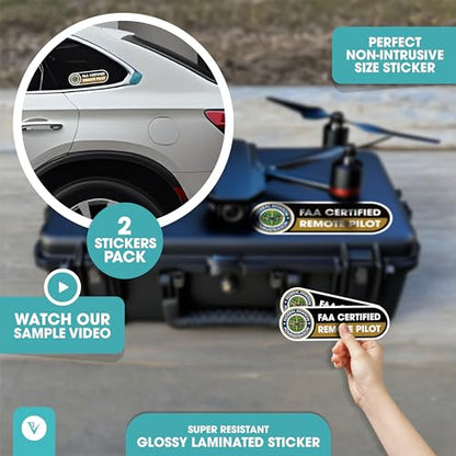 FAA Certified Drone Pilot Sticker Signs | 2 Pack Glossy Laminated Permanent 8x2.5 inches Vinyl Stickers - size: Large