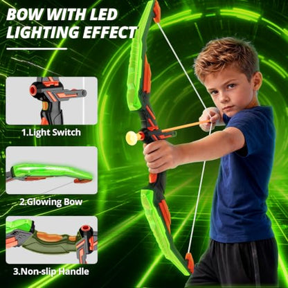 HYES Bow and Arrow for Kids, LED Light Up Archery Set, Green - size: 1 pack-green standing target