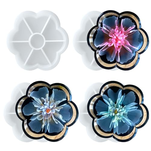 4 Pcs Silicone Resin Tray Molds, Flower Coaster Set - color: Flower