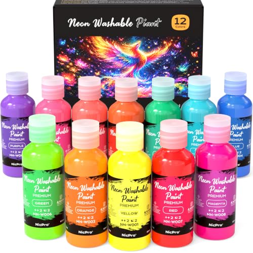 Nicpro 12 Colors Neon Washable Paint Set for Kid 2oz, Glow Under Blacklight - size: 2 Fl Oz (Pack of 12)