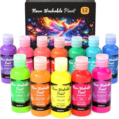 Nicpro 12 Colors Neon Washable Paint Set for Kid 2oz, Glow Under Blacklight - size: 2 Fl Oz (Pack of 12)