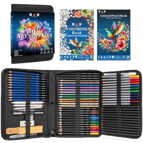 H & B 76PCS Drawing Sketching Kit, Art Supplies with Sketch & Coloring Book - size: 76 Piece Set