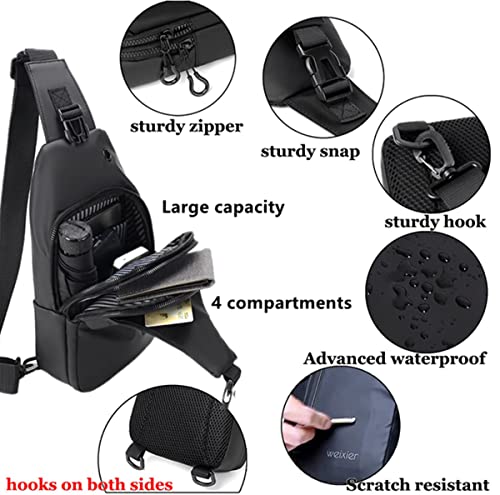 Waterproof Sling Bags Mens Shoulder Crossbody Backpack with USB Charging Port& Headphone,Outdoor Lightweight Bag - color: A-black