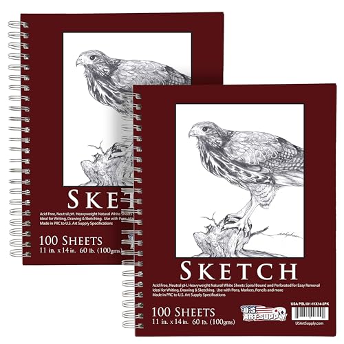 U.S. Art Supply 11"x14" Sketch Book Pad,Spiral Bound 100 Sheets Each,2-Pack - size: 11-x-14-inch
