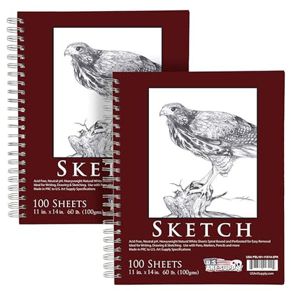 U.S. Art Supply 11"x14" Sketch Book Pad,Spiral Bound 100 Sheets Each,2-Pack - size: 11-x-14-inch