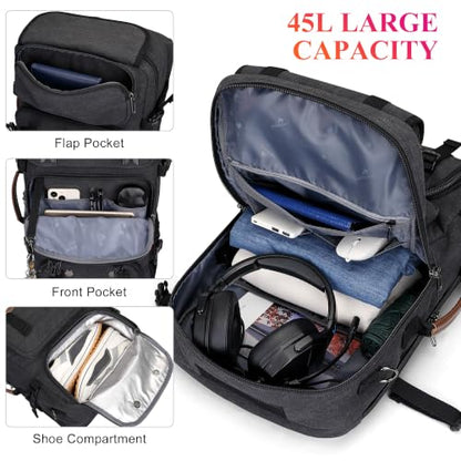 WITZMAN Travel Backpack for Men 45L Large Carry-on Airline Approved - color: Black