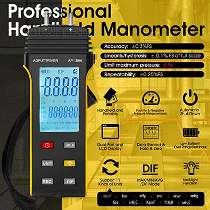2Packs Hot Wire Anemometer AP-5000Y & AP-189A Digital Manometer