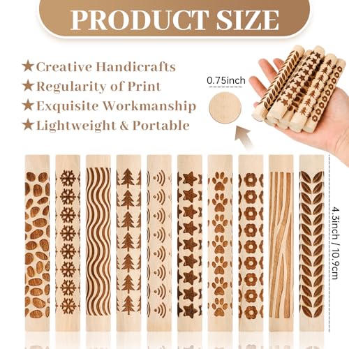 10pcs Clay Texture Rollers, Wooden Texture Roller for Clay, Pottery 10 Styles Potters Stamp Roller Tools 4.02 Inch Textured Rolling Pins Modeling Pattern Rollers Kit for DIY Handmade Art Supplies