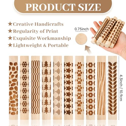 10pcs Clay Texture Rollers, Wooden Texture Roller for Clay, Pottery 10 Styles Potters Stamp Roller Tools 4.02 Inch Textured Rolling Pins Modeling Pattern Rollers Kit for DIY Handmade Art Supplies
