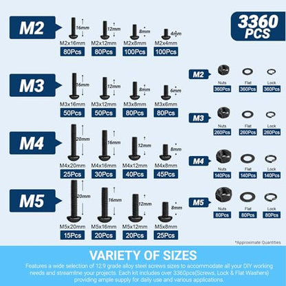 12.9 Grade Alloy Steel M2 M3 M4 M5 Hex Button Head Screw Kit - color: 3360 M2/M3/M4/M4 Button