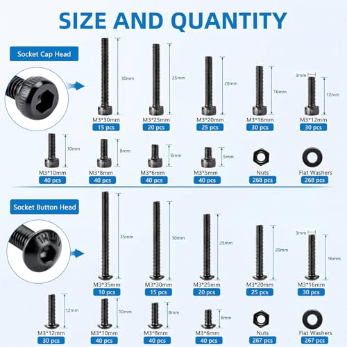1600pcs M3 Socket Head Screw Assortment Kit with Nuts and Washers - size: 1600pcs