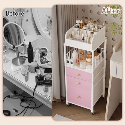 Makeup Organizer Storage Cart with Drawers Rolling Makeup Cart with Wheels - color: Pink