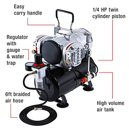 Master Airbrush TC-828 Airbrush Compressor with Tank- 1/4 HP Twin Cylinder - style: Dual Piston with Tank