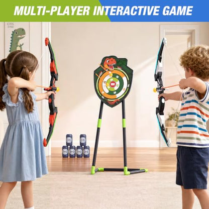 HYES 2 Pack Kids Bow and Arrow, LED Archery Set with Dinosaur Target - size: 2 pack-standing target