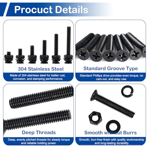840Pcs M3 Countersunk Screws Assortment Kit with Nuts and Washers (6-25mm) - size: M3 x 6-25mm Kit