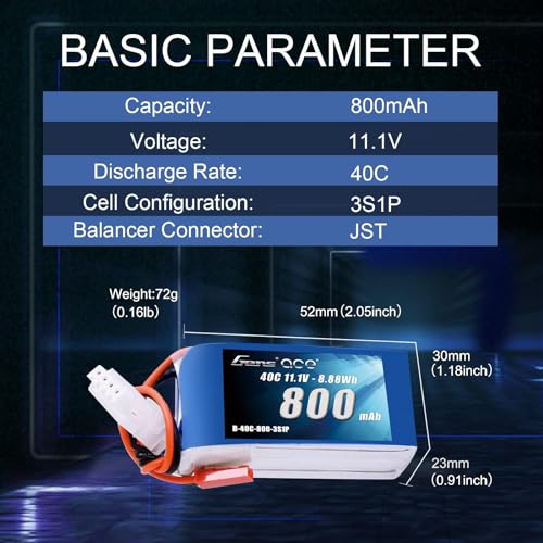 Gens ace 3S 800mAh 11.1V 40C LiPo Battery Pack with JST Plug(2 Pcs) - size: 2 Pcs