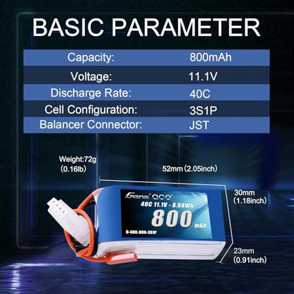 Gens ace 3S 800mAh 11.1V 40C LiPo Battery Pack with JST Plug(2 Pcs) - size: 2 Pcs