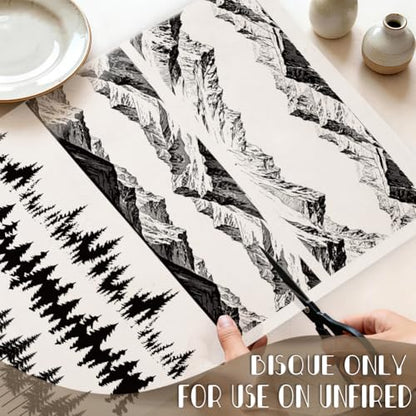 EVERJOYCRAFT 4pcs Underglaze Transfers for Pottery Mountains Ceramic Decals - color: Mountains Pine Forests