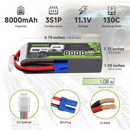 OVONIC 3S LiPo Battery 8000mAh 11.1V 130C RC Battery with EC5 Connector (2 Pack)(with Lipo Voltage Checker)