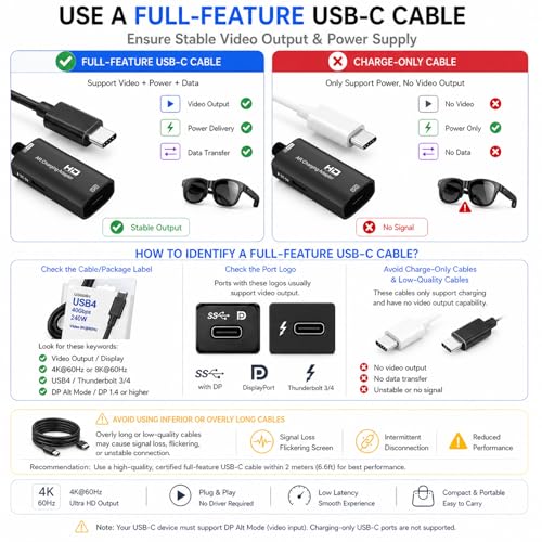 Guermok HDMI to USB C Video Display Adapter, 4.9ft AR Glasses Hub, 4K@60Hz - color: Black, size: 4.9FT