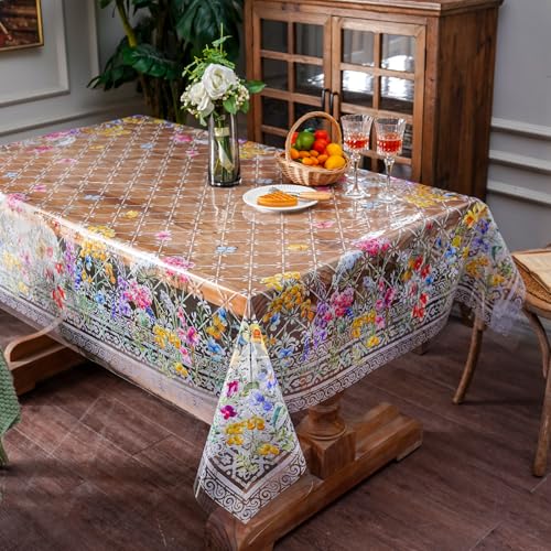 ARTABLE Clear Vinyl Tablecloth Floral Grass Print Wipeable 60 x 84 Inch - color: Flowers, size: 84" x 60" (Rectangular)