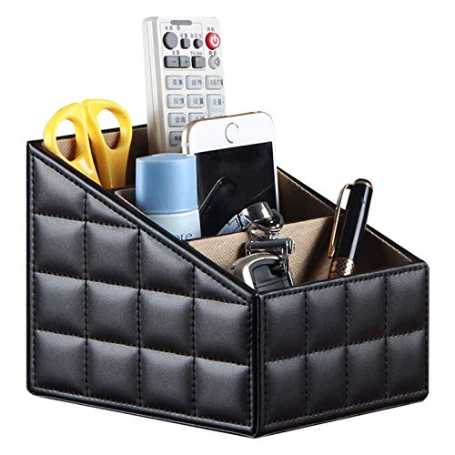 Fashionable PU Leather TV Remote Control Holder with 3 Compartments, Storage Rack, Storage Box, Media Accessory Storage, Desk Organizers (Black Grid) - color: Blakc Grid