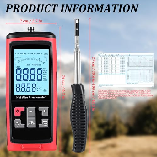 Hot Wire Anemometer Handheld with Bendable Telescoping Probe, HVAC in-Duct Peak Airflow Wind Speed Anemometer, Temperature CFM CMM Meter, Backlit LCD, Data Record & Output