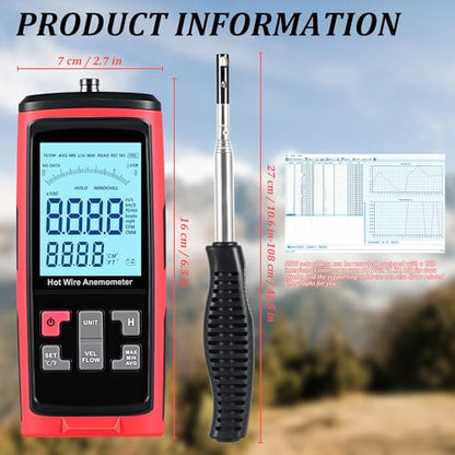 Hot Wire Anemometer Handheld with Bendable Telescoping Probe, HVAC in-Duct Peak Airflow Wind Speed Anemometer, Temperature CFM CMM Meter, Backlit LCD, Data Record & Output