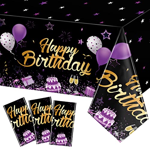Breling 3 Pack Happy Birthday Tablecloths Decoration, Black Purple - color: Black Purple