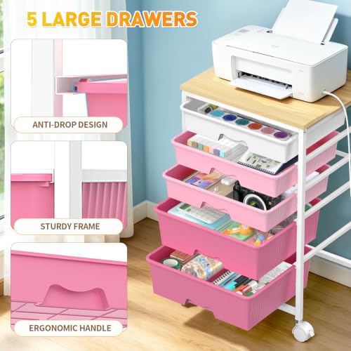 SUNALLY Rolling Carts with 5 Drawers, Storage Drawer Carts for Craft, Pink - color: Pink
