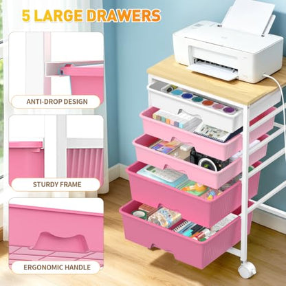 SUNALLY Rolling Carts with 5 Drawers, Storage Drawer Carts for Craft, Pink - color: Pink