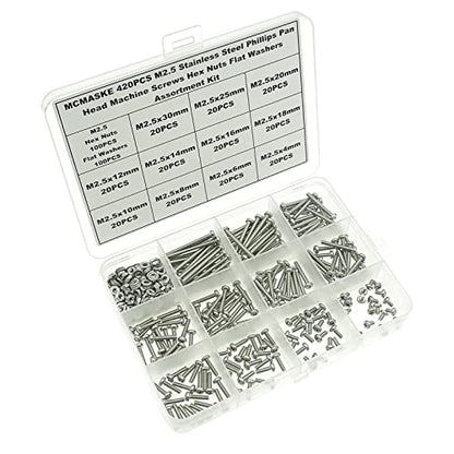 420PCS M2.5 Phillips Pan Head Machine Screws Nuts Flat Washers Kit;304 Stainless Steel;Screws Length:4mm to 30mm - size: M2.5