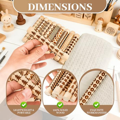 10pcs Clay Texture Rollers, Wooden Texture Roller for Clay, Pottery 10 Styles Potters Stamp Roller Tools 4.02 Inch Textured Rolling Pins Modeling Pattern Rollers Kit for DIY Handmade Art Supplies